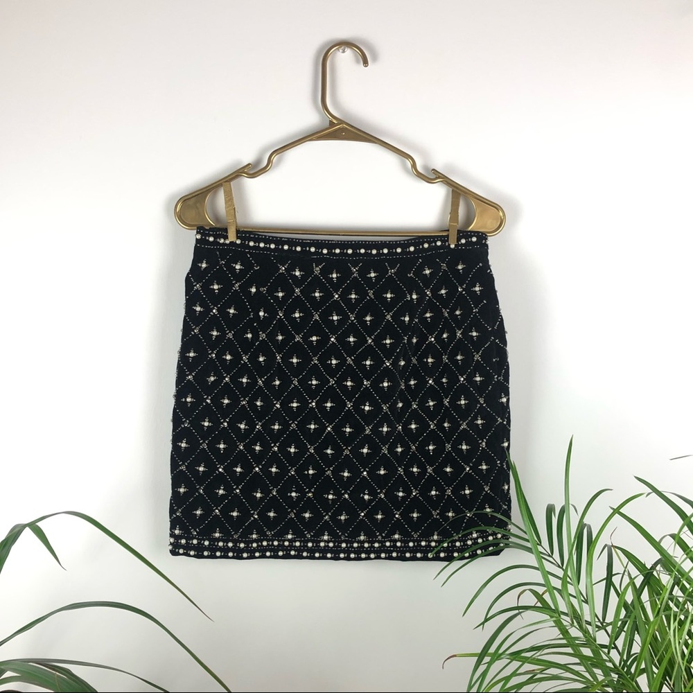 Beaded Pearl Black Velvet Skirt